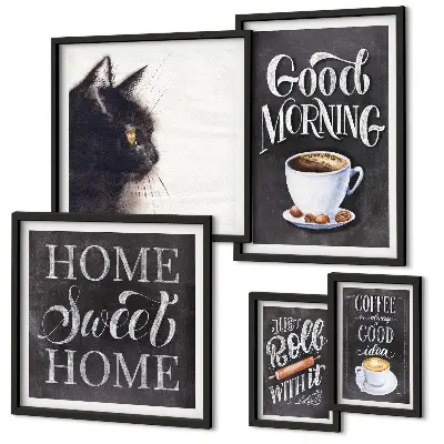 Polittico con cornice con slogan positivi dedicati a gatti e caffè