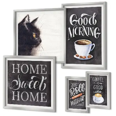 Polittico con cornice con slogan positivi dedicati a gatti e caffè