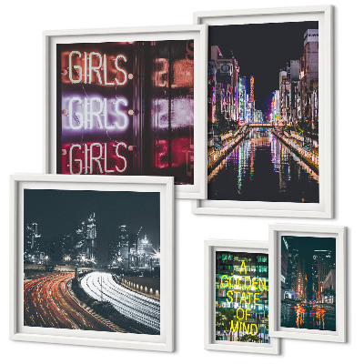 Polittico con cornice Città moderna di notte, neon