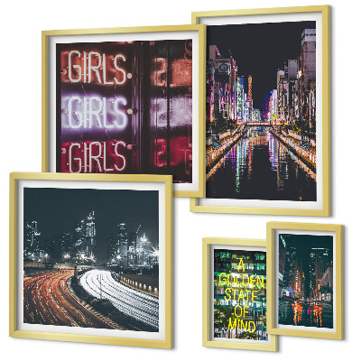 Polittico con cornice Città moderna di notte, neon