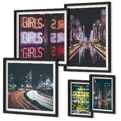 Polittico con cornice Città moderna di notte, neon