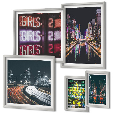 Polittico con cornice Città moderna di notte, neon