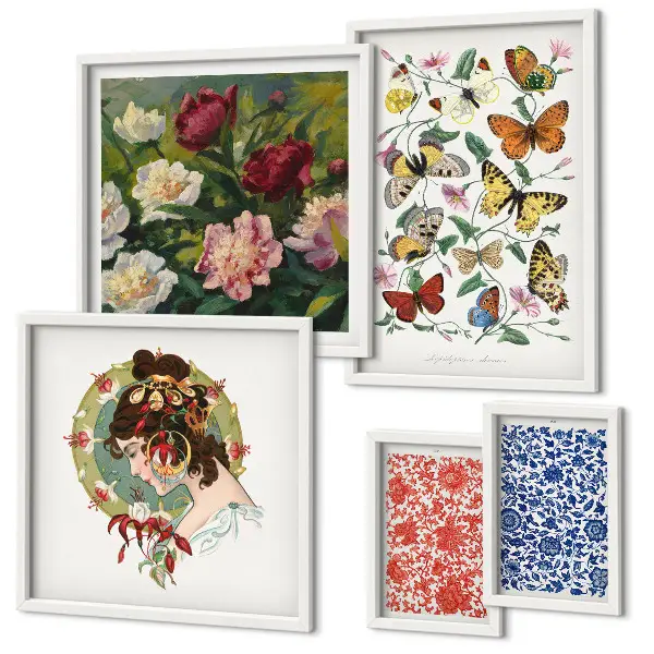 Set di 5 quadri con fiori e farfalle in stile vintage