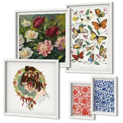 Set di 5 quadri con fiori e farfalle in stile vintage