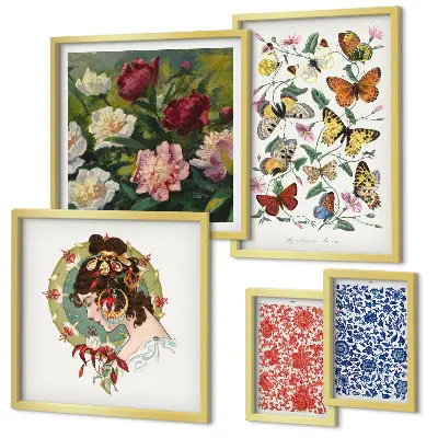 Set di 5 quadri con fiori e farfalle in stile vintage
