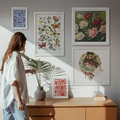 Set di 5 quadri con fiori e farfalle in stile vintage