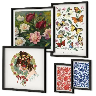 Set di 5 quadri con fiori e farfalle in stile vintage