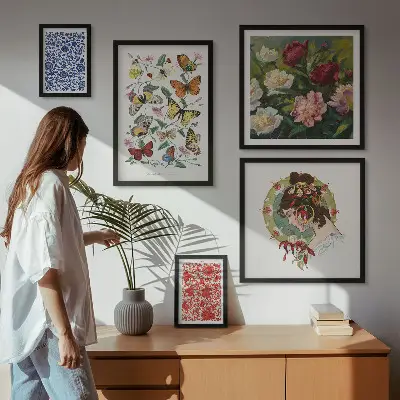 Set di 5 quadri con fiori e farfalle in stile vintage