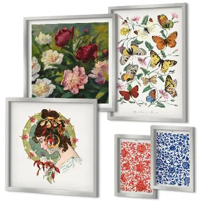 Set di 5 quadri con fiori e farfalle in stile vintage