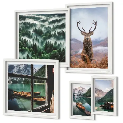 Set di 5 quadri con illustrazione di natura e animali selvatici sulle montagne