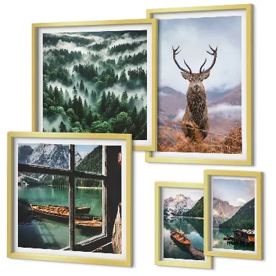 Set di 5 quadri con illustrazione di natura e animali selvatici sulle montagne