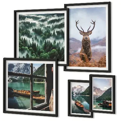Set di 5 quadri con illustrazione di natura e animali selvatici sulle montagne