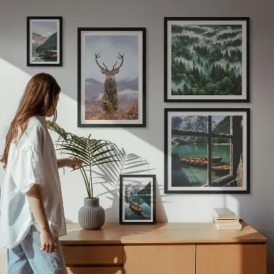 Set di 5 quadri con illustrazione di natura e animali selvatici sulle montagne