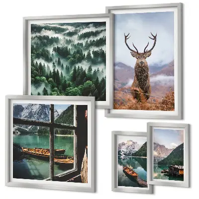 Set di 5 quadri con illustrazione di natura e animali selvatici sulle montagne