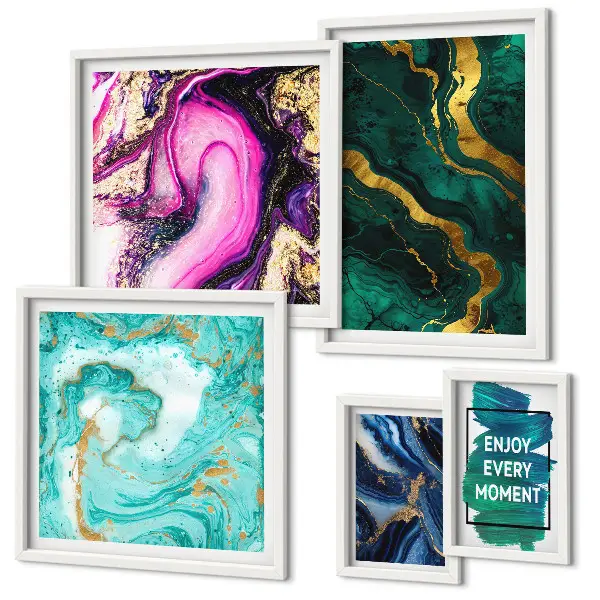 Set di 5 quadri con motivi astratti nei toni del verde e viola