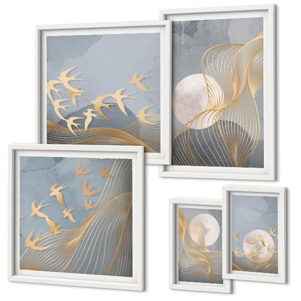Set di 5 quadri Onde e uccelli astratti