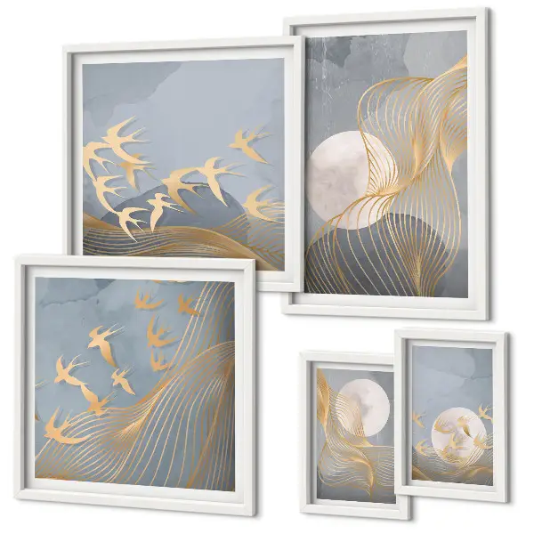 Onde e uccelli astratti set di 5 quadri