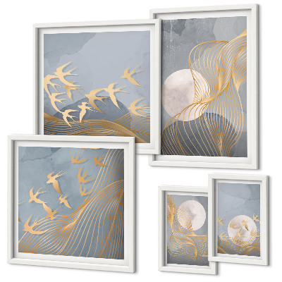 Set di 5 quadri Onde e uccelli astratti