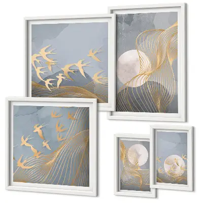 Onde e uccelli astratti set di 5 quadri