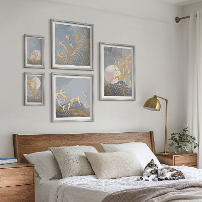 Set di 5 quadri Onde e uccelli astratti