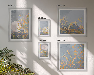Set di 5 quadri Onde e uccelli astratti