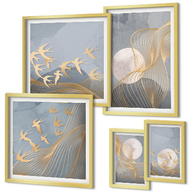 Set di 5 quadri Onde e uccelli astratti