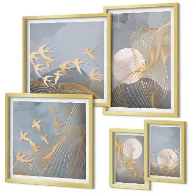 Onde e uccelli astratti set di 5 quadri