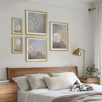 Set di 5 quadri Onde e uccelli astratti