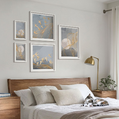Set di 5 quadri Onde e uccelli astratti