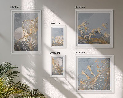 Set di 5 quadri Onde e uccelli astratti