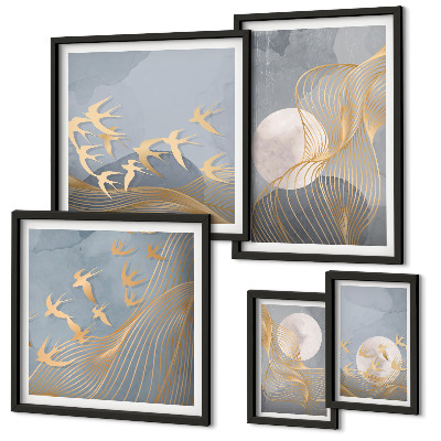 Set di 5 quadri Onde e uccelli astratti