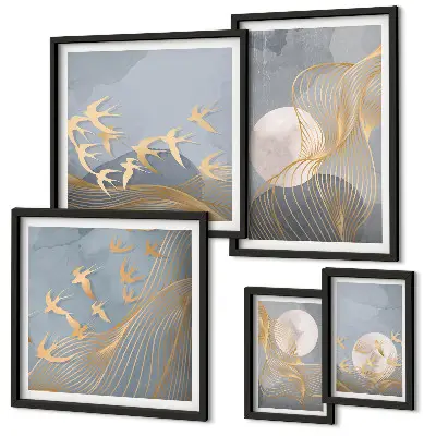 Onde e uccelli astratti set di 5 quadri