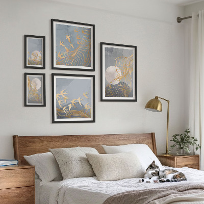 Set di 5 quadri Onde e uccelli astratti