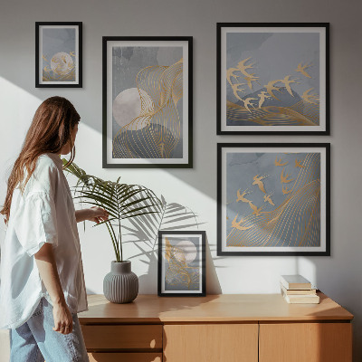 Set di 5 quadri Onde e uccelli astratti