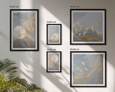 Set di 5 quadri Onde e uccelli astratti