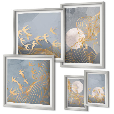 Set di 5 quadri Onde e uccelli astratti