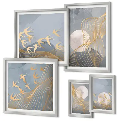 Onde e uccelli astratti set di 5 quadri