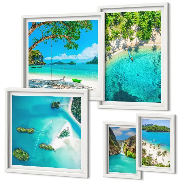 Polittico con cornice spiagge tropicali e acque paradisiache
