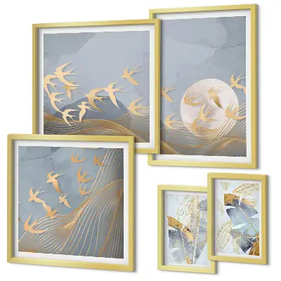 Polittico con cornice uccelli eleganti con foglie grigie