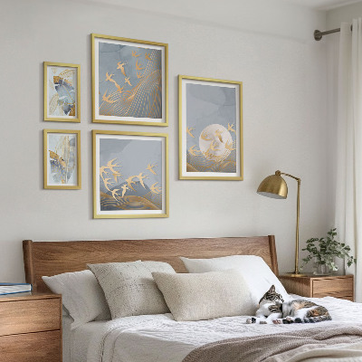 Polittico con cornice Uccelli eleganti lasciano foglie grigie