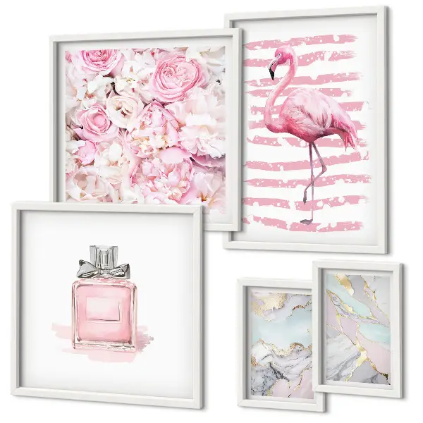 Set di quadri incorniciati con eleganti dettagli rosa e fiori di fenicottero