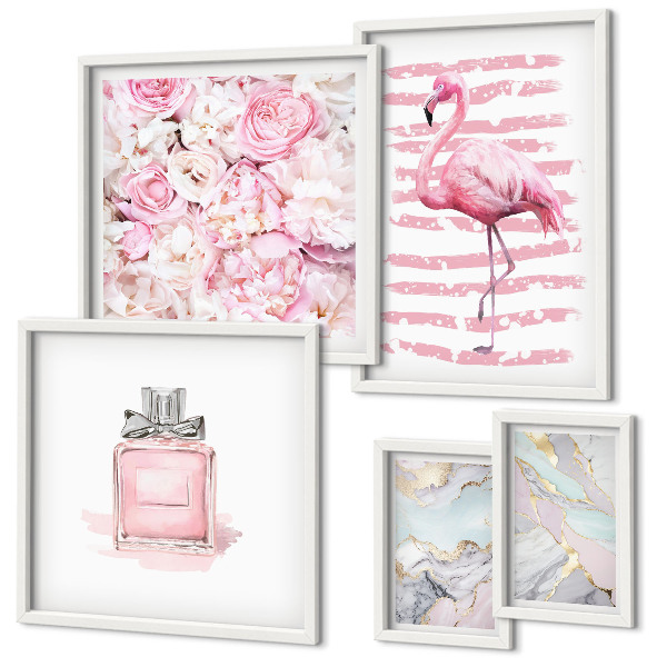 Set di quadri incorniciati Eleganti dettagli rosa con fiori di fenicottero