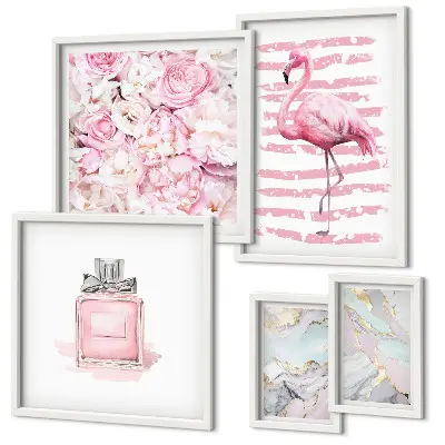 Set di quadri incorniciati con eleganti dettagli rosa e fiori di fenicottero
