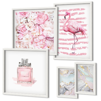 Set di quadri incorniciati Eleganti dettagli rosa con fiori di fenicottero