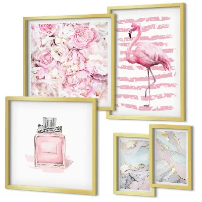 Set di quadri incorniciati con eleganti dettagli rosa e fiori di fenicottero