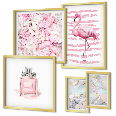 Set di quadri incorniciati Eleganti dettagli rosa con fiori di fenicottero