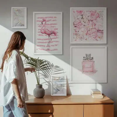 Set di quadri incorniciati con eleganti dettagli rosa e fiori di fenicottero