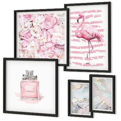 Set di quadri incorniciati con eleganti dettagli rosa e fiori di fenicottero