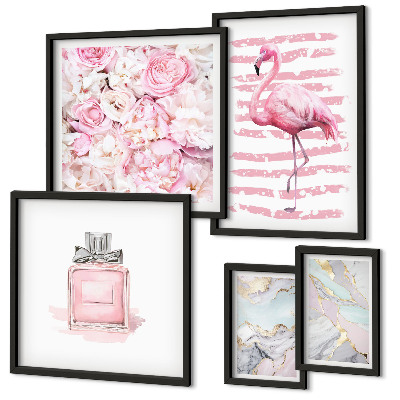Set di quadri incorniciati Eleganti dettagli rosa con fiori di fenicottero