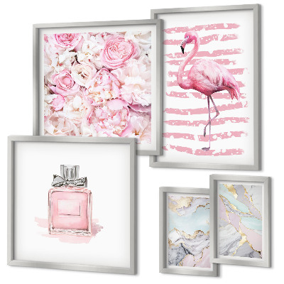Set di quadri incorniciati Eleganti dettagli rosa con fiori di fenicottero